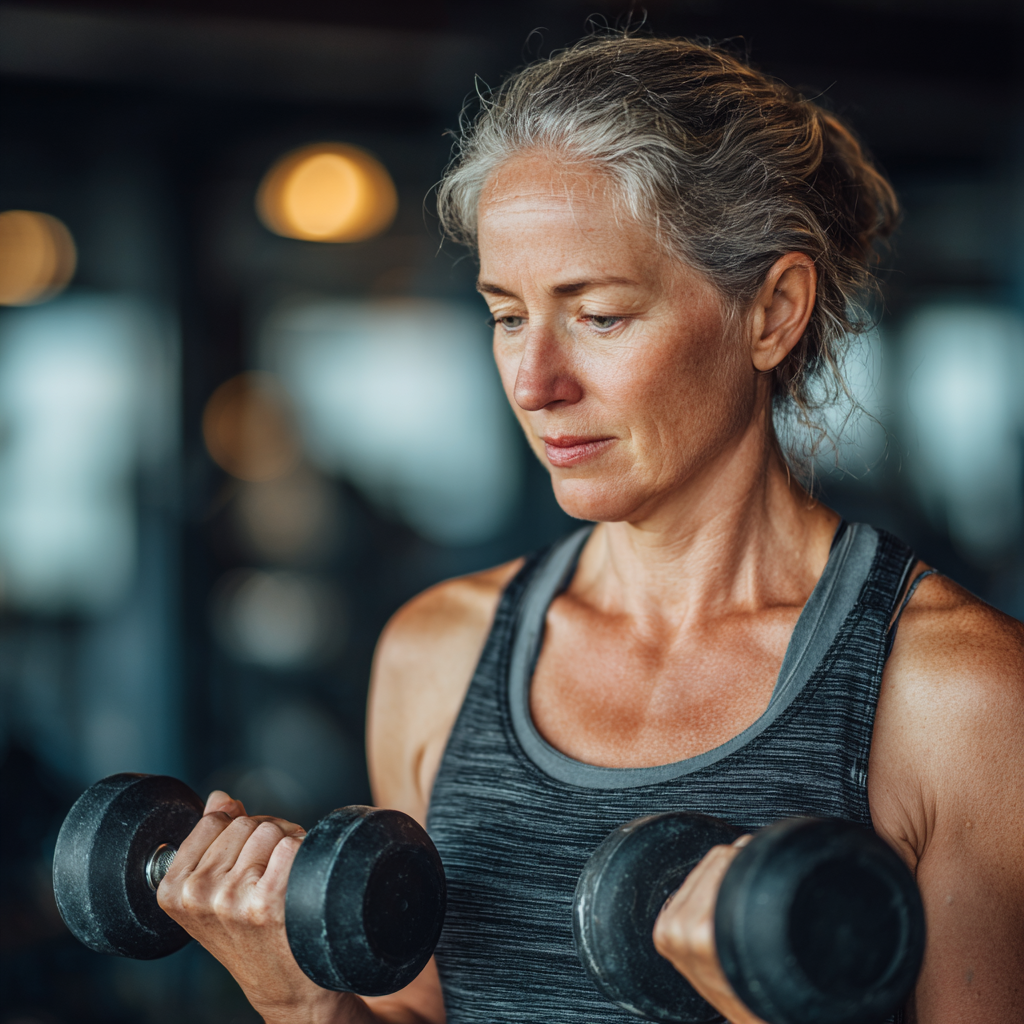 Active mature woman in her 40s exercising with dumbbells in a modern gym, showing proper form and dedication to fitness