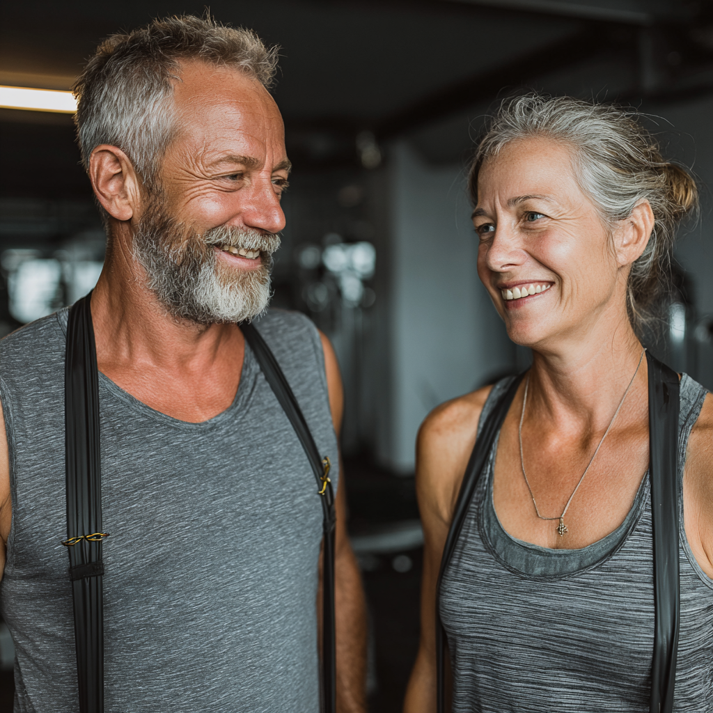 Happy mature couple in their 50s working out together with resistance bands in a bright fitness studio, smiling and encouraging each other